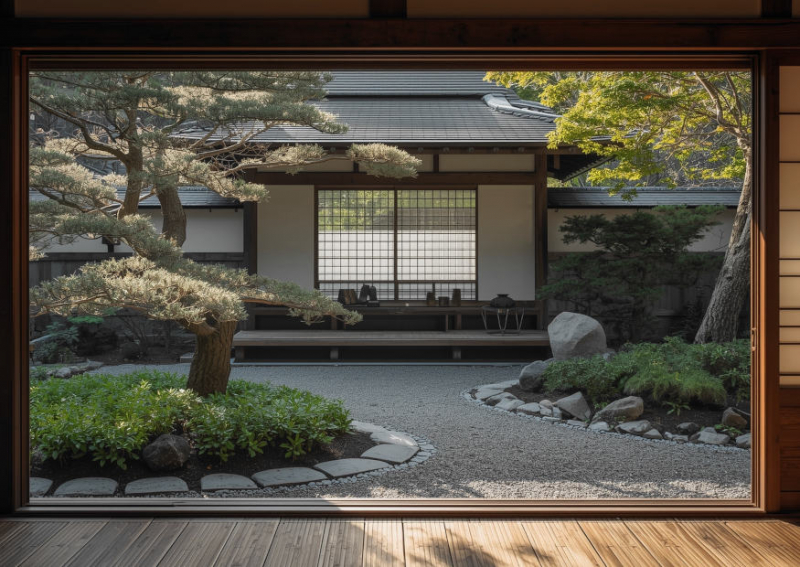 Japanischer Wohnraum mit offener Schiebetür zum Garten.