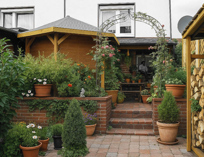 Pavillon als Sichschutz im Reihenhausgarten 