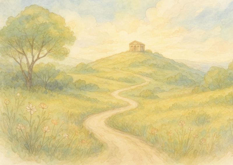 romantischer Weg zu einem Tempal auf dem Berg