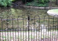 Historischer Metallzaun um eine Teichanlage