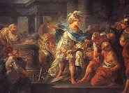Alexander de Große zerschlägt den Gordischen Knoten. (1767, Jean Simon Berthélemy)