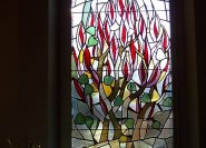 Glasfenster mit der Darstellung des brennenden Dornbusch in der Stephanuskirche in Dresden-Zschachwitz.