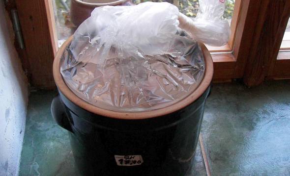 Sauerkrauttopf mit Plastikbeutel verschlossen