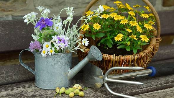 Gartendeko Gieskanne und Blumenkörbchen